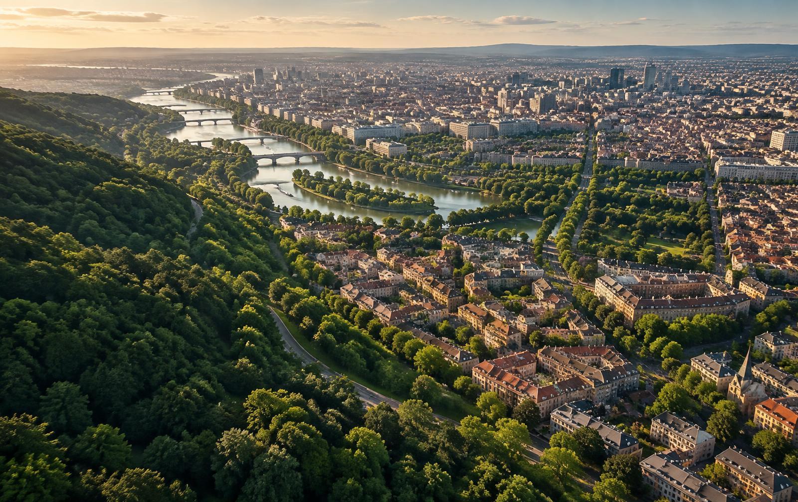 A broad aerial view of a city interwoven with parks, trees and a river corridor