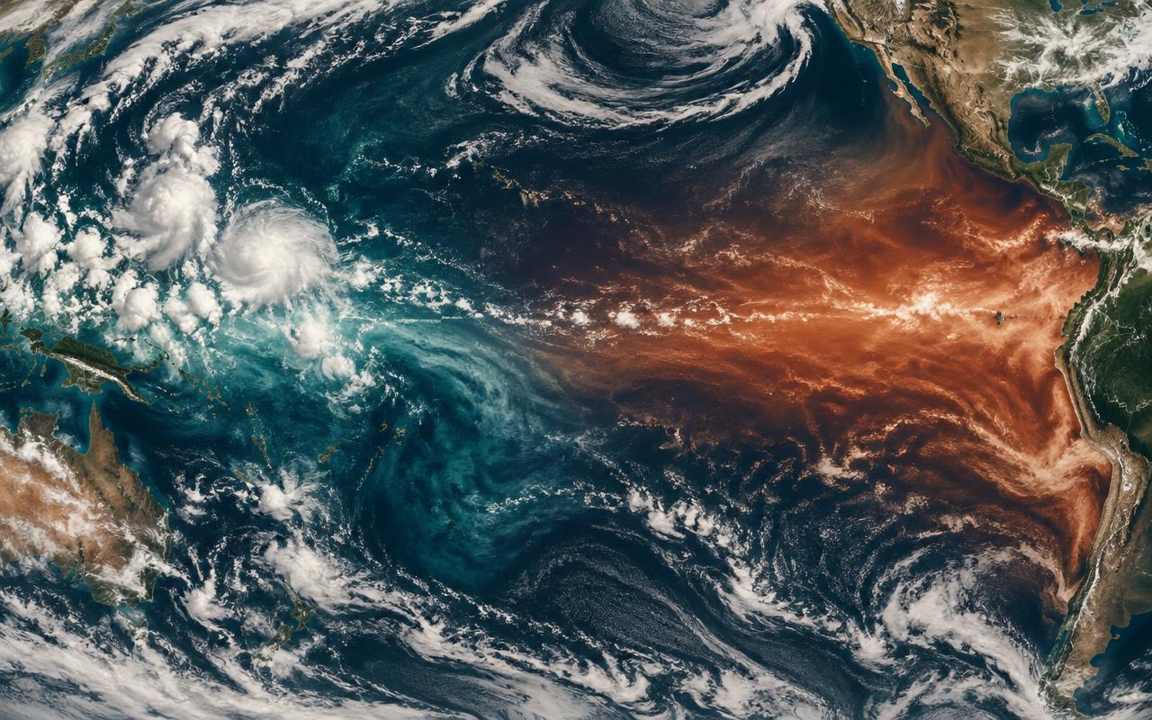 Satellite view of the Pacific Ocean showing a warm El Niño sea-surface temperature anomaly stretching toward the Americas