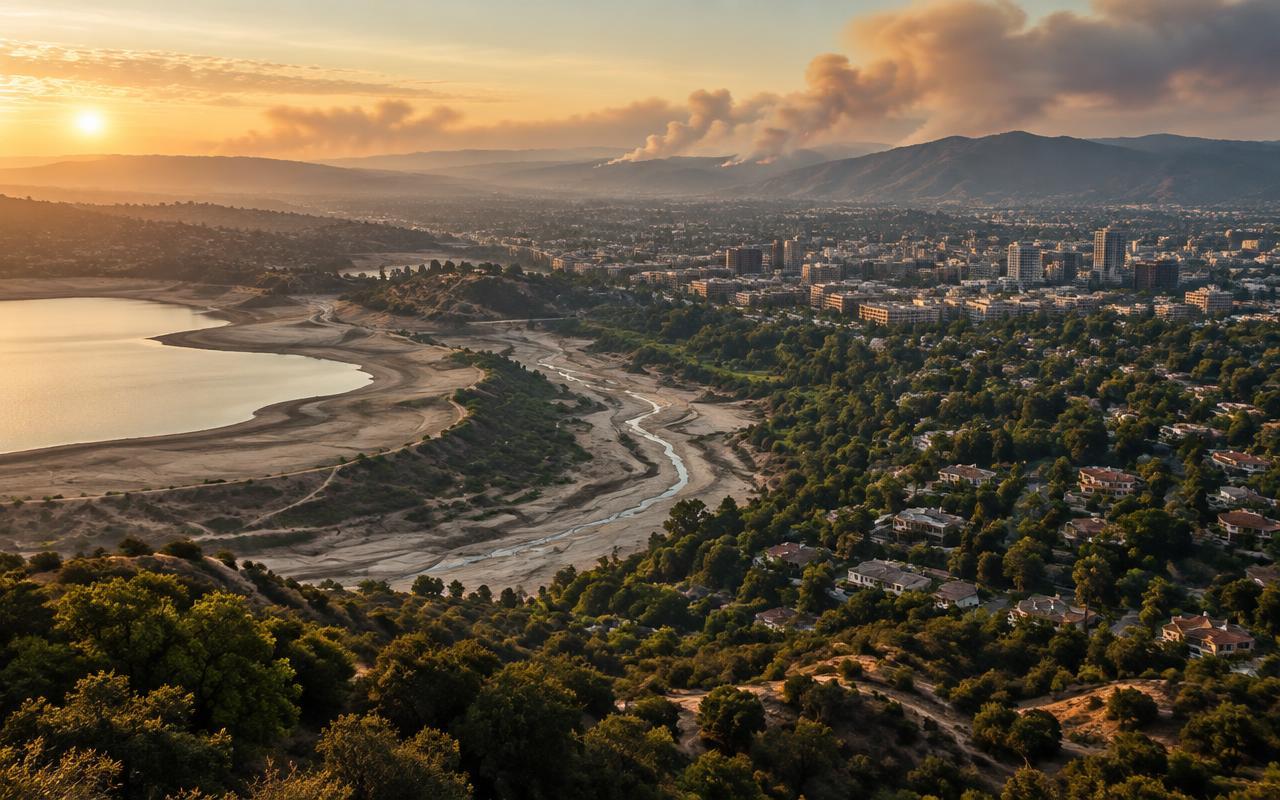 Aerial view of a drought-lowered reservoir beside a hillside U.S. city with wildfire smoke rising in the distance