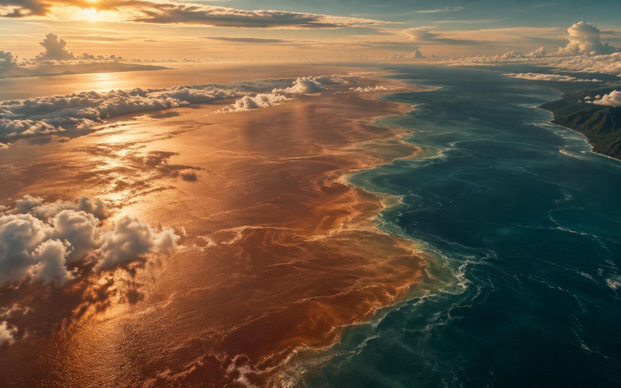 Aerial view of the Pacific Ocean at sunset showing a sharp colour boundary between warm and cool water