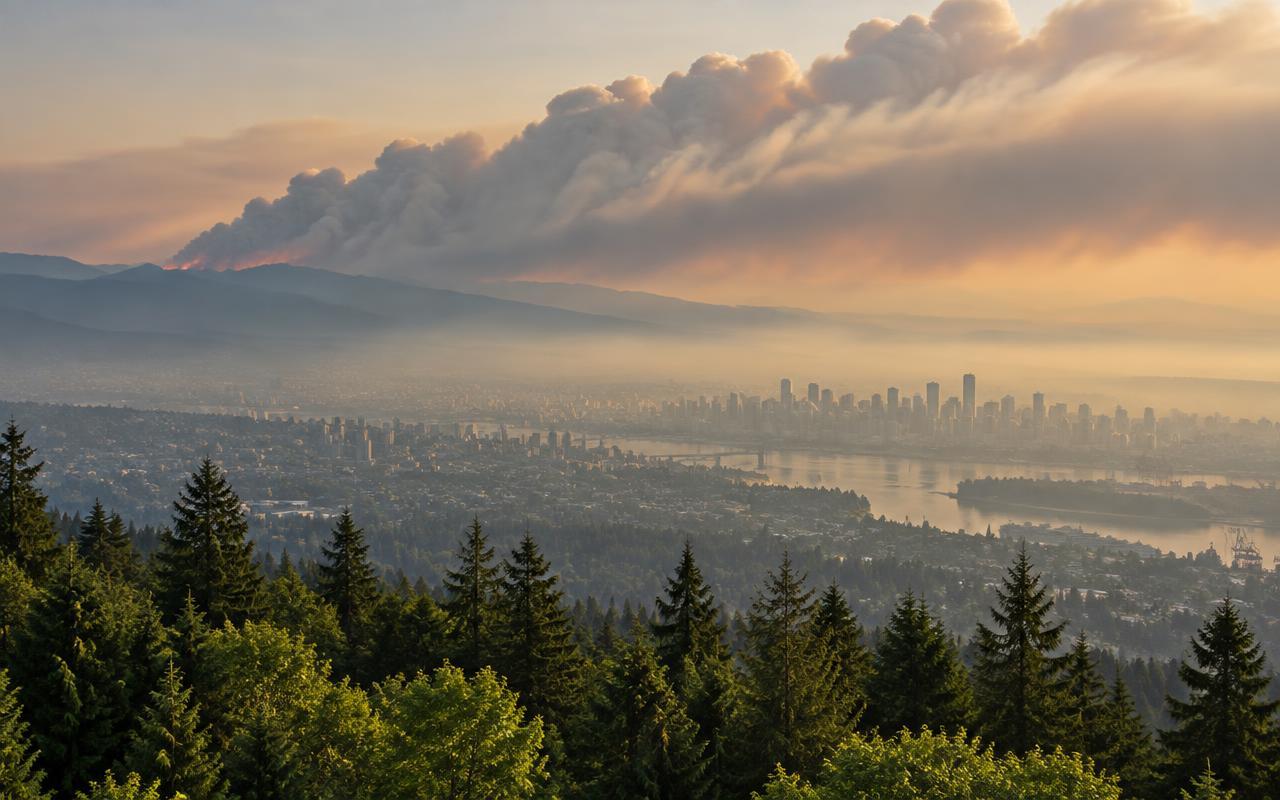 A U.S. Pacific Northwest city skyline blanketed in orange wildfire smoke haze at sunset