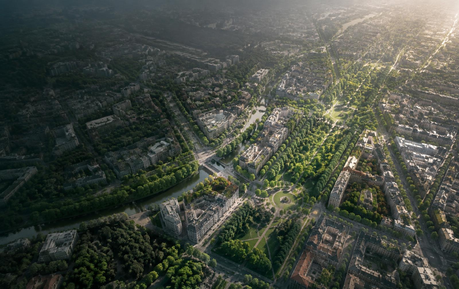 Aerial study of a dense urban district organised around a green corridor