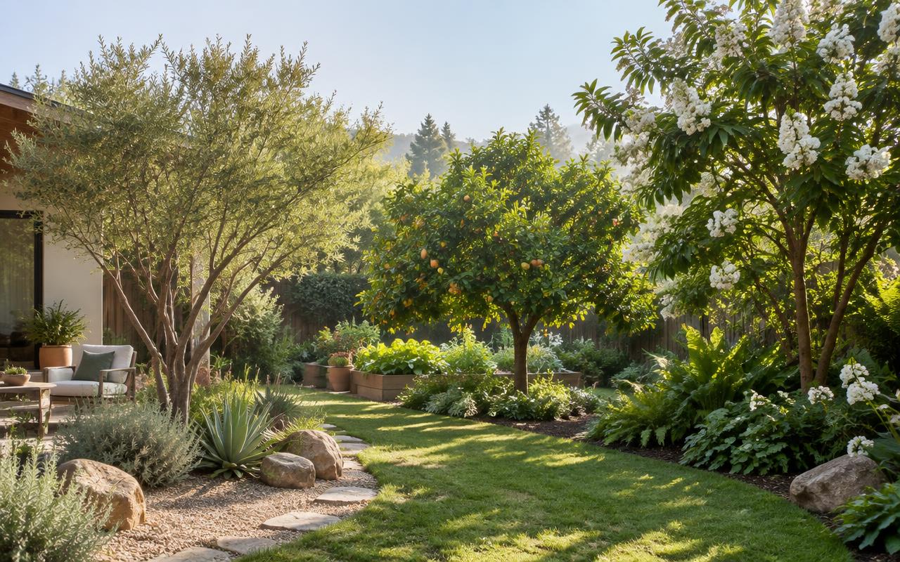 A young tree freshly planted in a residential backyard lawn