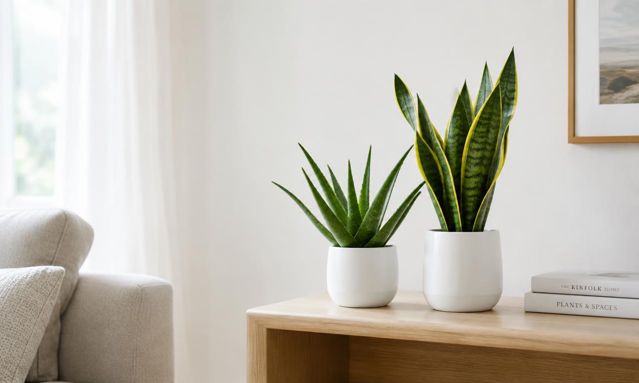 An aloe vera and a snake plant in white ceramic pots on a light wooden shelf