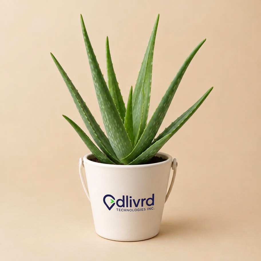 Aloe vera potted in a branded ceramic bucket