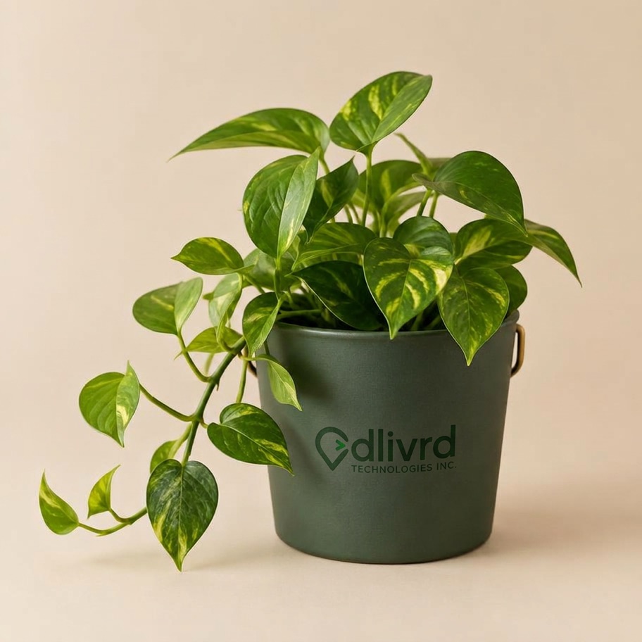Money plant potted in a branded ceramic bucket